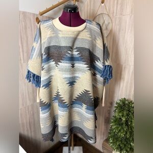 L&B Western Aztec Blue and Cream Patterned Poncho With Sleeves